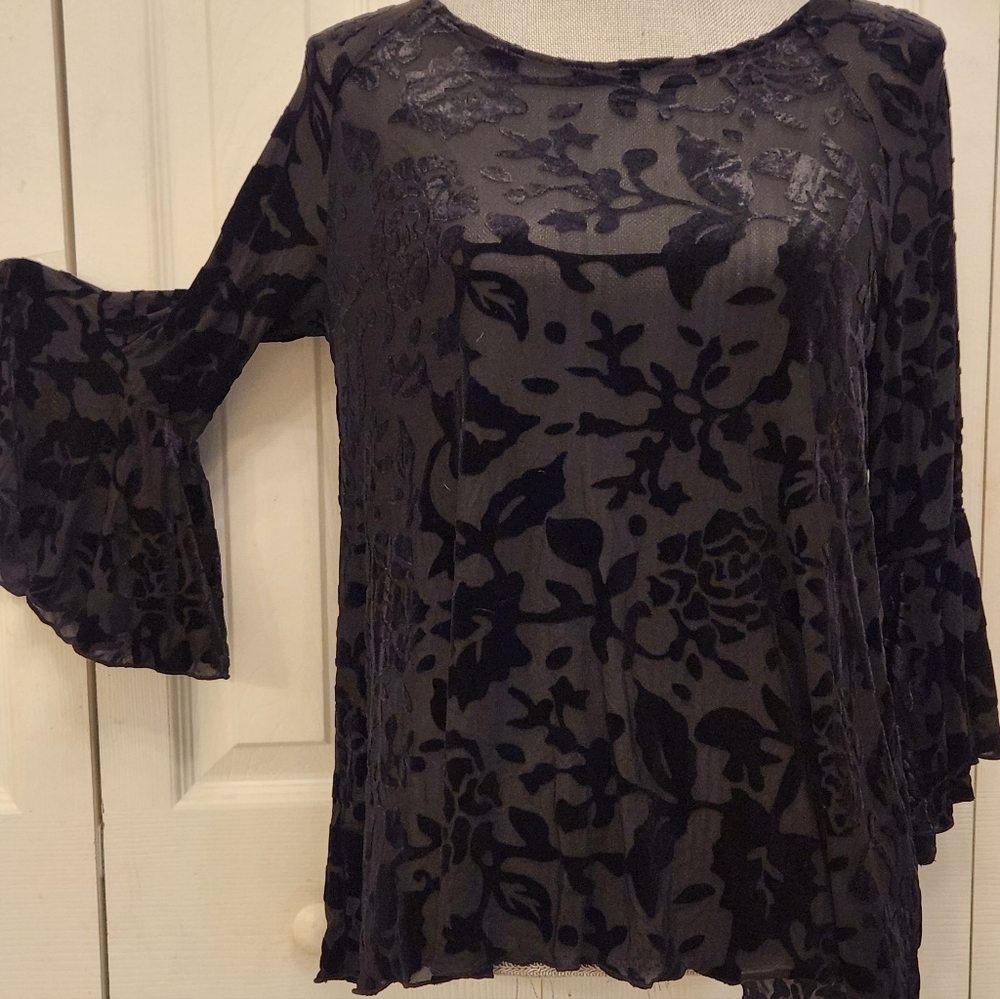 Chelsea & Theodore Elegant Black Burnout Velvet Floral Top